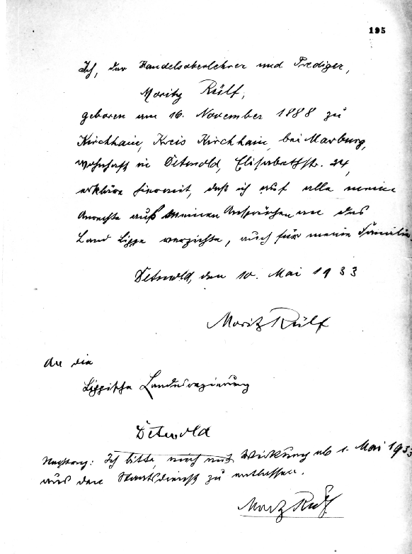 01Verzichtserklärung von Moritz Rülf, 10.5.1933-Sammlung GfCJZ-Lippe_90dpi.png